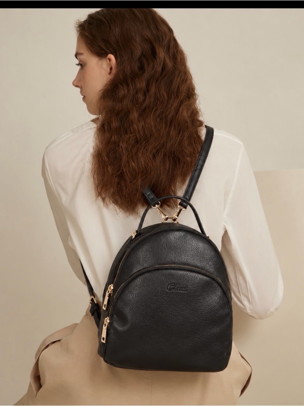 Cluci Vegan Leather Convertible Backpack Crossbody Bag Black Gold Hardware